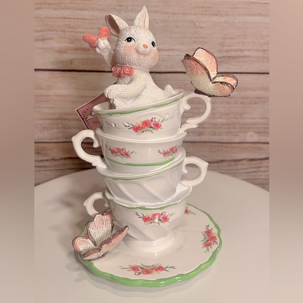 Pastel Easter Bunny in Dainty Floral Teacups with Butterflies set of 2 - Picture 3 of 5